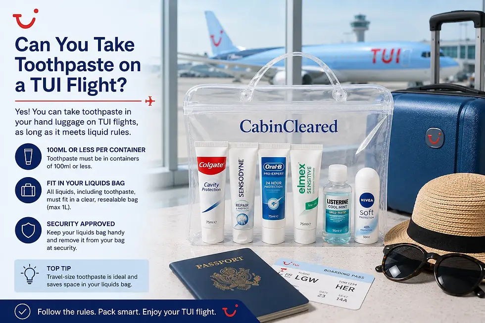 Infographic explaining TUI toothpaste rules for hand luggage, showing travel-size toothpaste tubes and toiletries inside a CabinCleared clear bag beside a passport, boarding pass and suitcase, with a TUI aircraft visible in the airport background.