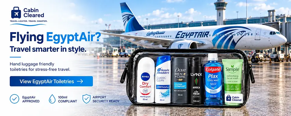 Travel toiletries and cabin-approved essentials for EgyptAir passengers.