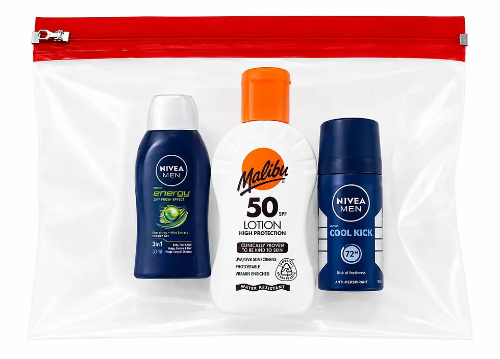 Men's Summer Travel Essentials Kit featuring Malibu SPF50 sun lotion, Nivea Men Energy shower gel and Cool Kick deodorant in