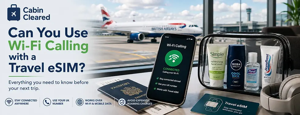Hero image for a travel connectivity guide showing a smartphone using Wi-Fi Calling with a travel eSIM, passport, boarding pass, travel toiletries and airport terminal in the background.