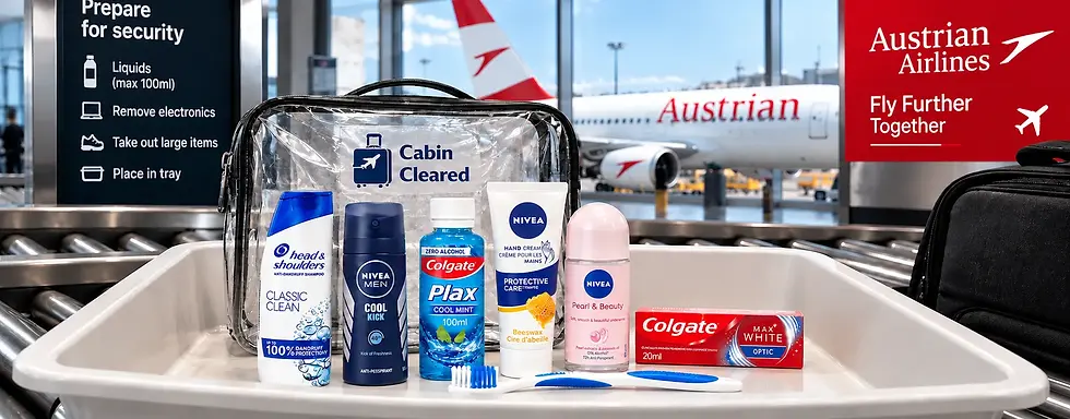 Austrian Airlines hand luggage toiletries and airport liquids packing guide