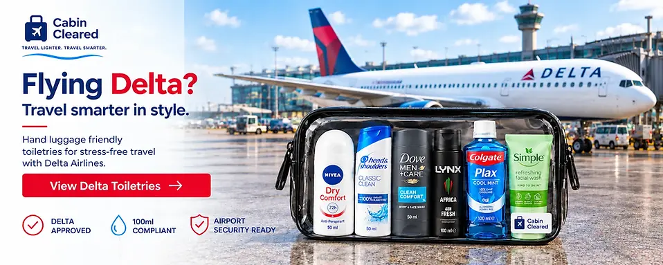 Promotional banner showing a Delta Air Lines aircraft, cabin-friendly travel toiletries and hand luggage essentials for Delta Air Lines travellers.
