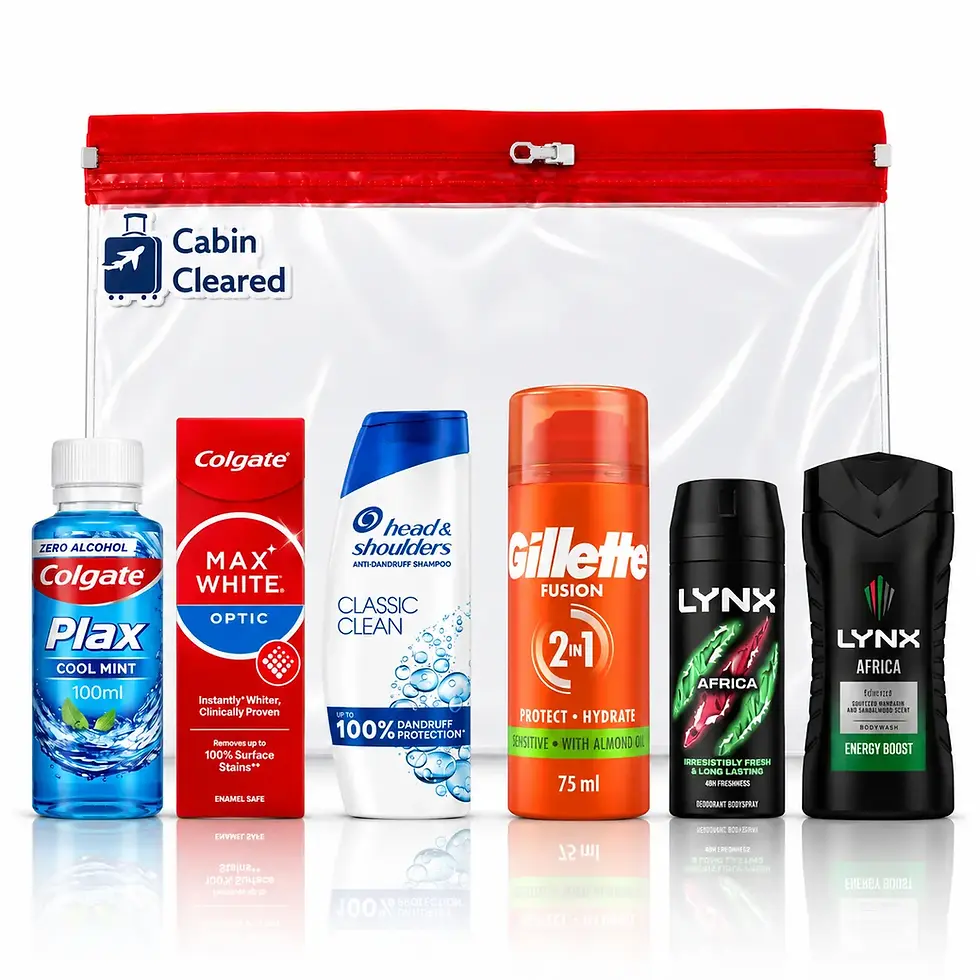 Men’s travel toiletries kit with Lynx, Gillette, Head & Shoulders and Colgate products in reusable clear travel bag