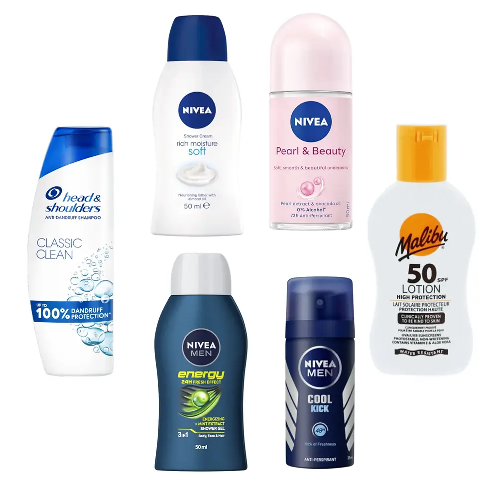 Couples Summer Travel Toiletries Kit with Nivea, Head & Shoulders and Malibu SPF50 travel-size toiletries for hand luggage