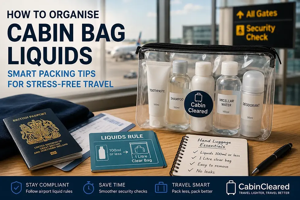 CabinCleared travel toiletries bag packed with airport-approved liquids, passport, boarding pass and hand luggage essentials for stress-free air travel.