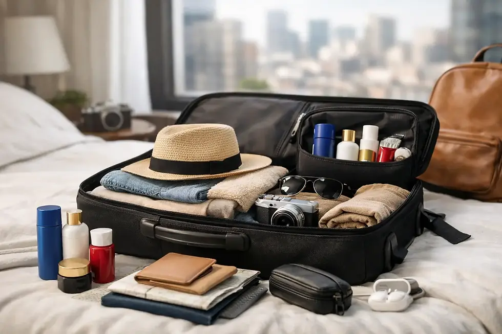 Photograph of an open cabin suitcase packed for a city break, showing neatly organised clothing, travel-size toiletries, accessories and essentials, illustrating how to pack light and avoid overpacking for a short trip.