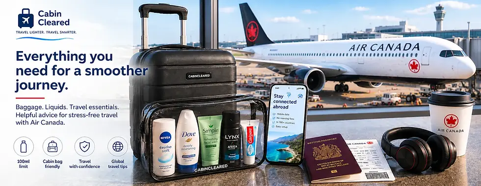 Air Canada aircraft at the gate with cabin suitcase, travel toiletries and hand luggage essentials for a holiday abroad.