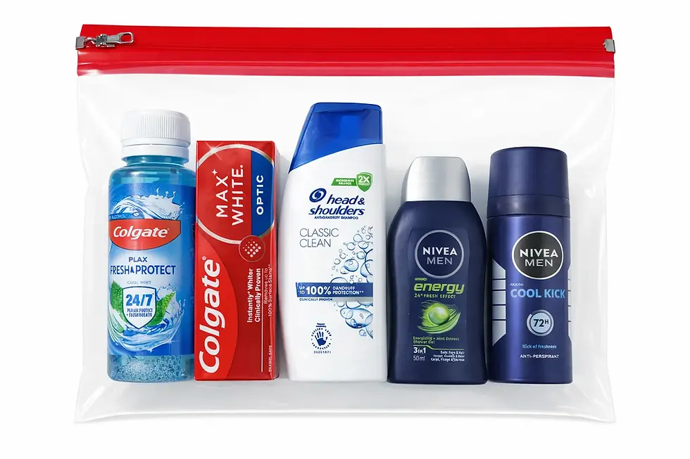 Men’s travel toiletries kit carry on 100ml cabin approved with Nivea Men, Colgate, Head & Shoulders in clear bag