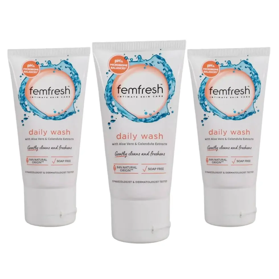 Pack of 3 Femfresh Daily Intimate Wash 50ml travel-size tubes. Compact toiletries for holidays, cabin bags, gym bags