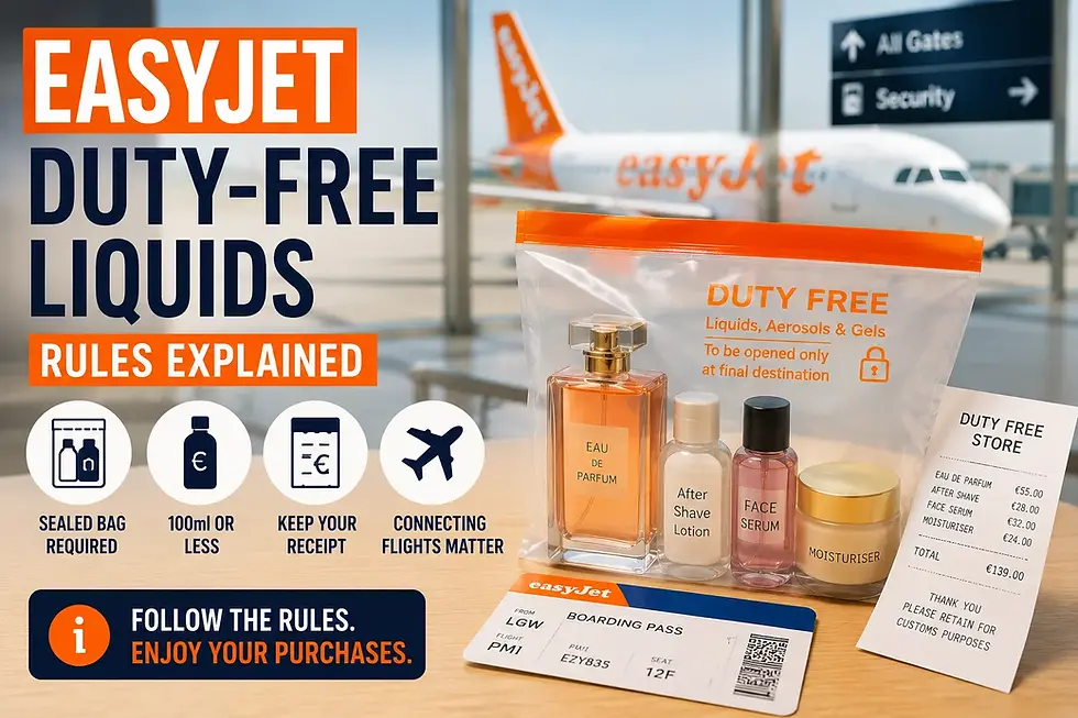 Airport duty-free liquids bag with perfume and toiletries beside an easyJet boarding pass illustrating hand luggage rules and duty-free liquid requirements