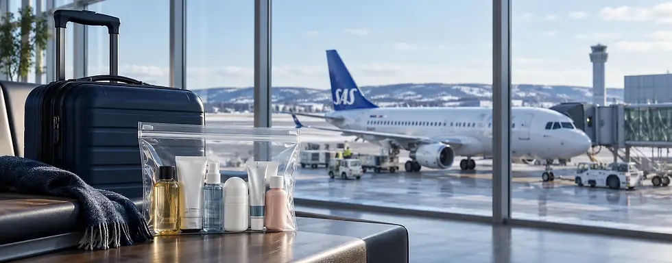 SAS aircraft at an airport gate, with travel-size toiletries in a clear liquids bag beside cabin luggage.