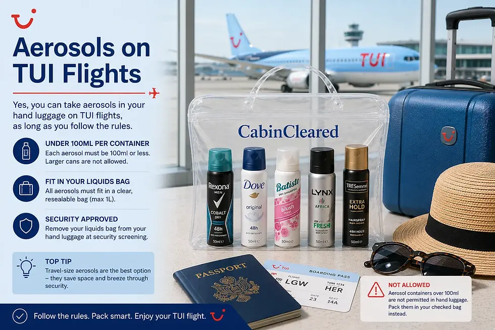 Infographic explaining TUI aerosol rules for hand luggage, showing travel-size aerosol products inside a CabinCleared clear bag beside a passport, boarding pass and suitcase, with a TUI aircraft visible in the airport background.
