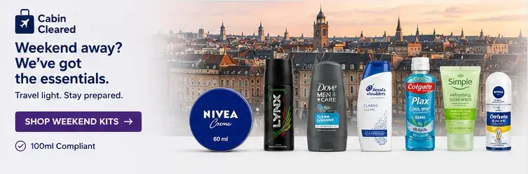 Travel-size toiletries for a weekend break including Nivea Creme, Lynx deodorant, Dove Men+Care, Head & Shoulders, Colgate Plax, Simple face wash and roll-on deodorant.