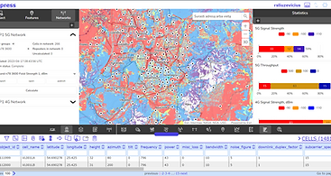 Screenshot of a cellular network planning and coverage analysis application showing a map of Vilnius, Lithuania, overlaid with color coded 5G and 4G signal strength data. Numerous cell sites are marked across the city. The left panel lists network details and frequency bands, the right panel displays signal strength and throughput statistics, and the bottom panel shows a table of cell parameters including location, height, azimuth, frequency, and power.
