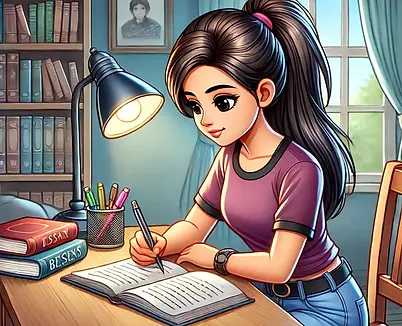 DALL·E 2024-07-26 14.37.34 - A cartoon scene of an Indian female teenager writing an essay