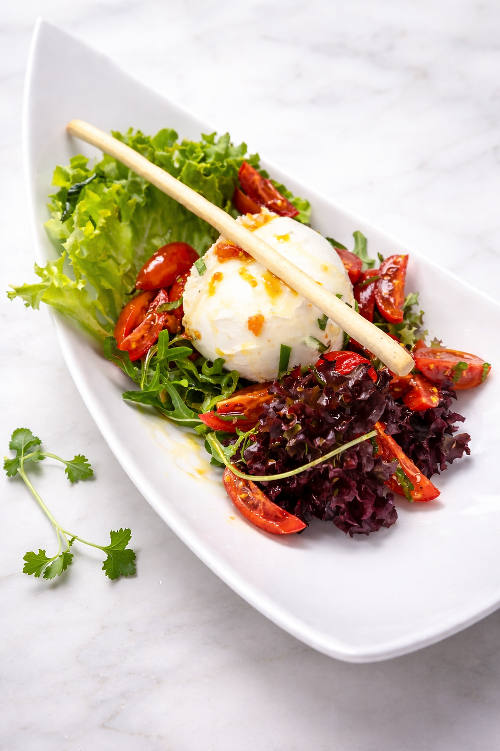 Salatteller mit grünem und rotem Salat, Kirschtomaten, Mozzarella-Ball und Grissini auf weißem Teller, auf weißem Marmortisch. Frisch und bunt.