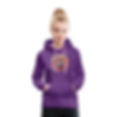 Frau trägt einen Hoodie in lila mit "Jeck im Herzen" Logo