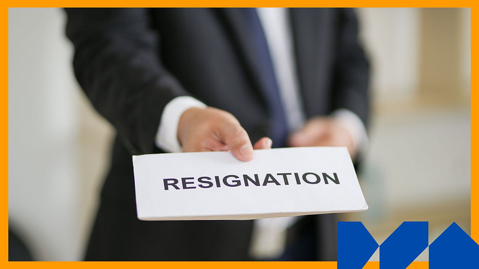 Person in a suit handing a white envelope labeled "Resignation." Background is blurred, with an orange and blue border framing the image.