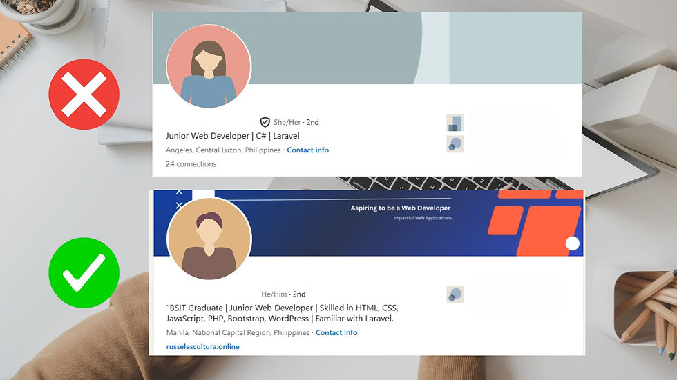 Two LinkedIn profiles compared; one with a red X is plain, and the other with a green check is detailed, emphasizing skills and aspirations.