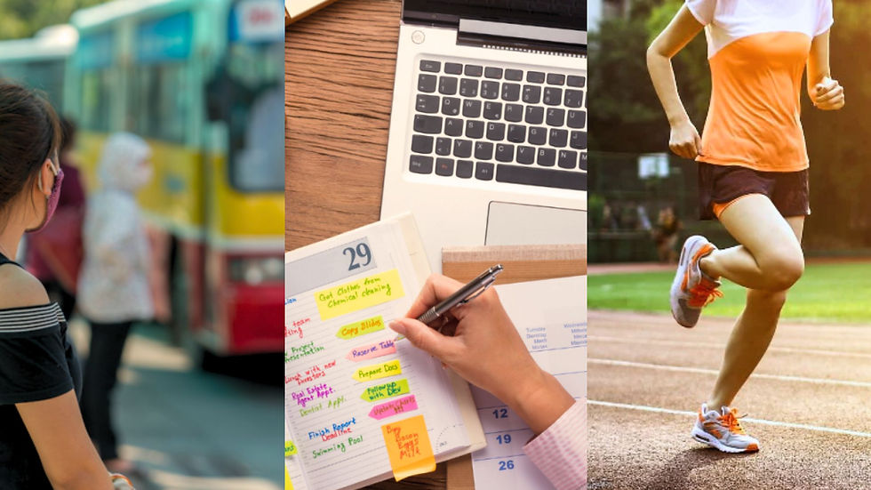 Split image: person waiting by a yellow bus, hand writing in a colorful planner, and person jogging on a track in orange attire.