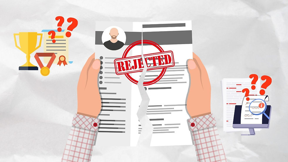 Hands tearing a rejected resume, alongside icons of a trophy, medal, and documents with question marks, on a textured background.