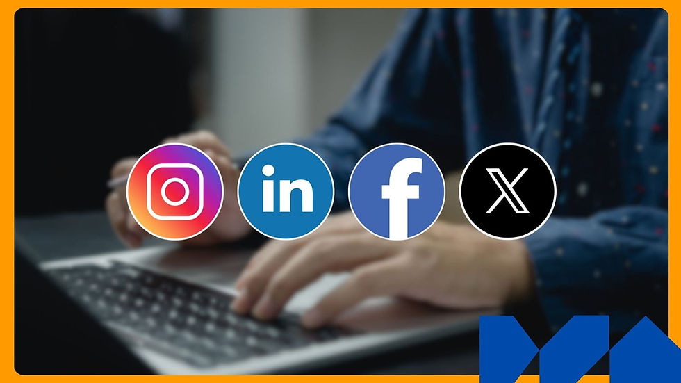Hands typing on a laptop with social media icons (Instagram, LinkedIn, Facebook, X) floating above. Blue patterned shirt, orange border.