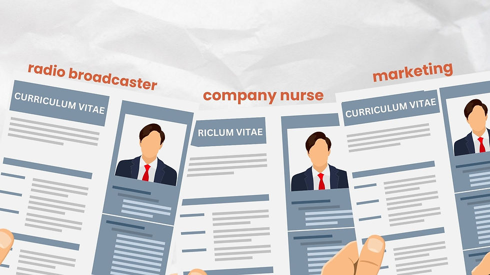 Three faceless resumes held by hands. Job titles: "radio broadcaster," "company nurse," "marketing" in orange. Simple layout, neutral background.