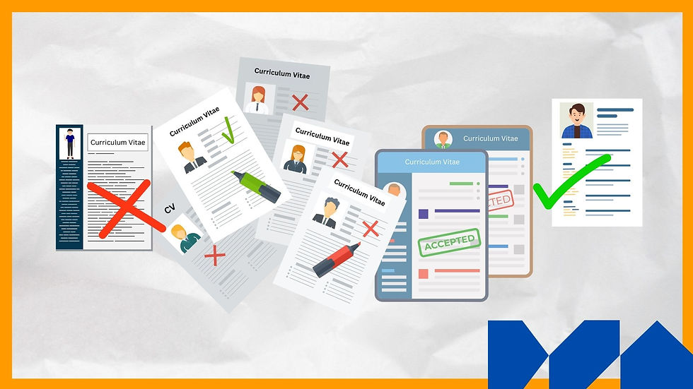 Resumes with red crosses and green checks on a white-gray background. One has "ACCEPTED" stamped. Orange border, blue logo bottom right.
