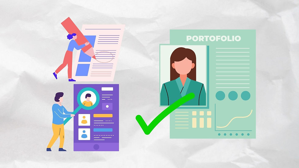 Illustration of people reviewing documents and portfolio. One uses a magnifying glass, another marks papers. Green check on portfolio.