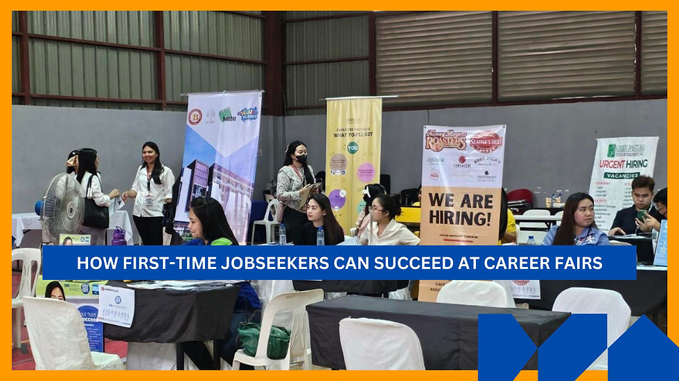 People interacting at a career fair with "We Are Hiring" signs. Booths line the indoor venue. Text overlay: "How First-Time Jobseekers Can Succeed."