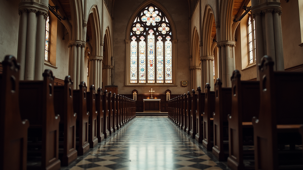 Eye-level view of an ancient church interior with stained glass windows