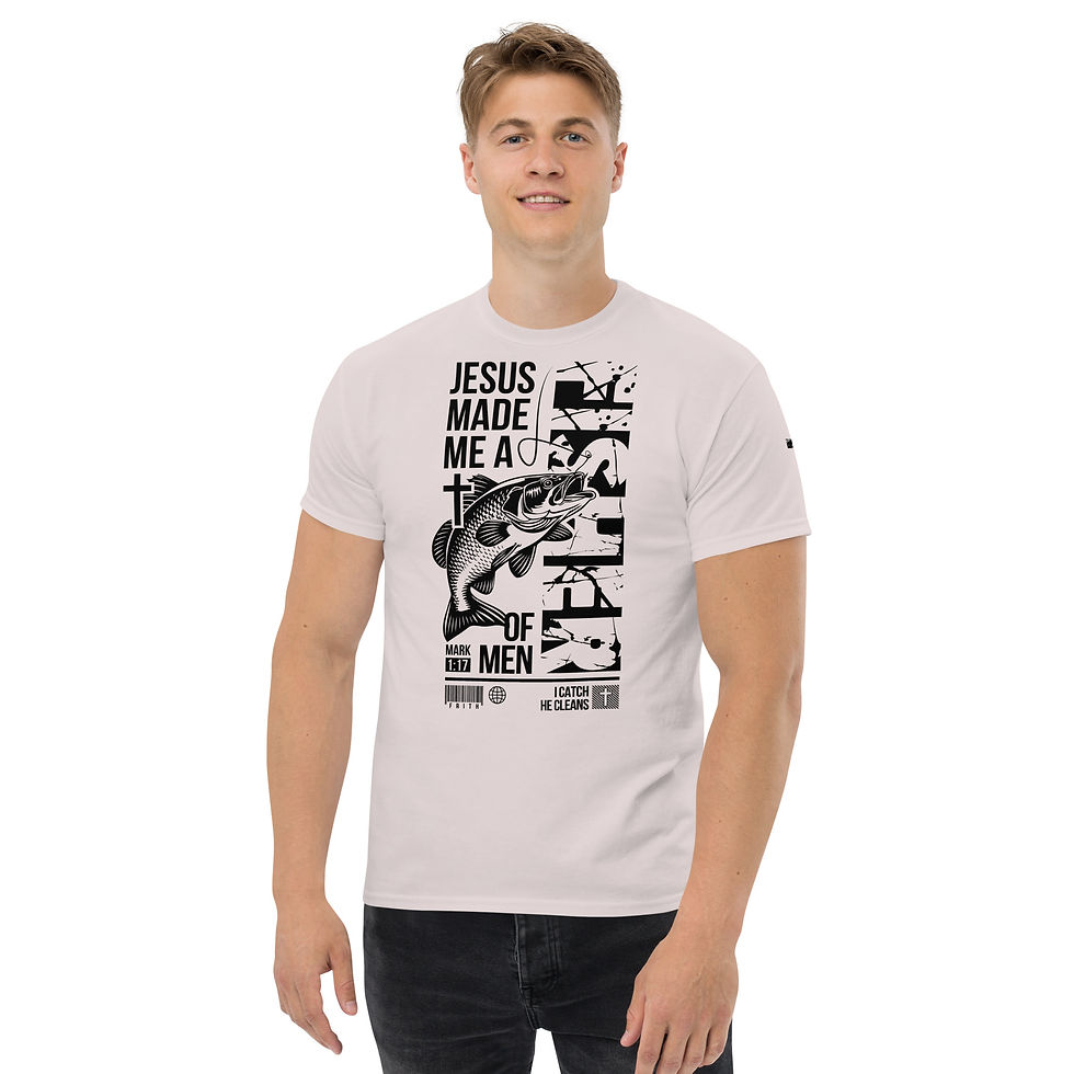 Thumbnail: White Christian t-shirt with ‘Jesus Made Me a Fisher of Men’ quote and fishing fish graphic design
