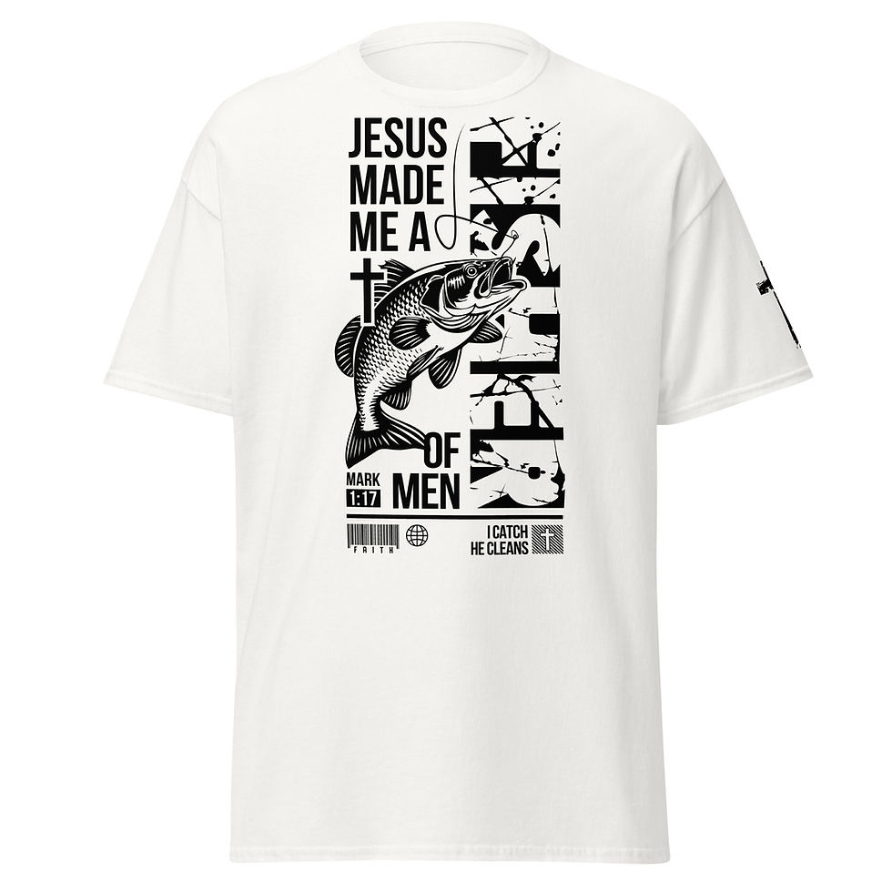 Thumbnail: White Christian t-shirt with ‘Jesus Made Me a Fisher of Men’ quote and fishing fish graphic design