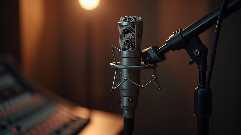 Close-up view of a microphone on a stand in a recording studio