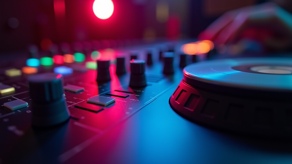 Close-up of a sound mixing console with colorful lights