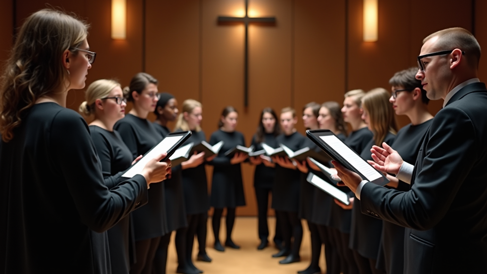 Eye-level view of a choir rehearsal with singers using tablets