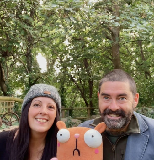 Lynette Dare and James Dare with Horace the grumpy hamster puppet.