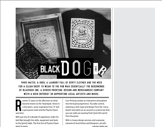 A flatlay image of a magazine article from Cut Throat Magazine. Featuring BlackDog Ink. There is an accompanying image of a screen film, silk screen and completed shirt stacked side by side.
