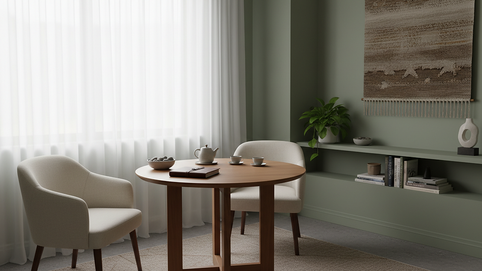Eye-level view of a calm consultation room with soft lighting