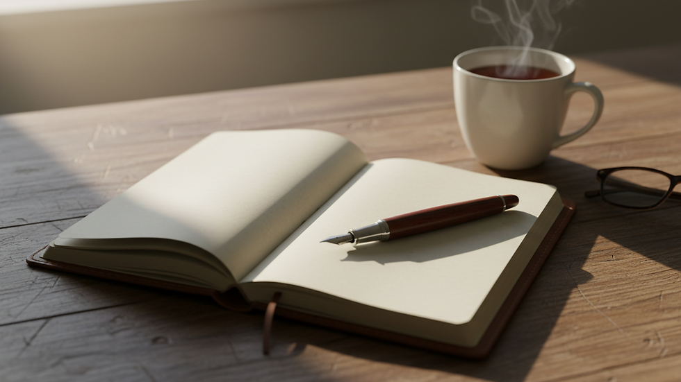 Close-up view of a notebook and pen on a wooden table, symbolizing reflection