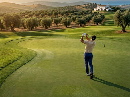 Un golfista jugando en un campo de golf en Estepona con vistas al mar. Ideal para un masaje deportivo en la Costa del Sol tras 18 hoyos.
