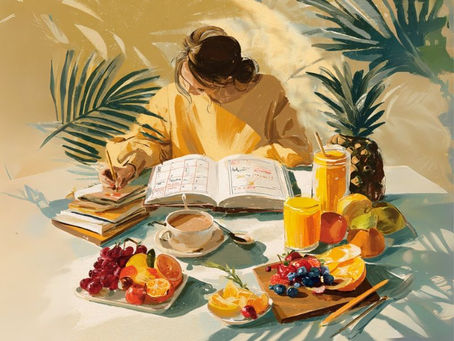 Persona escribiendo nuevos objetivos de septiembre junto a un desayuno equilibrado