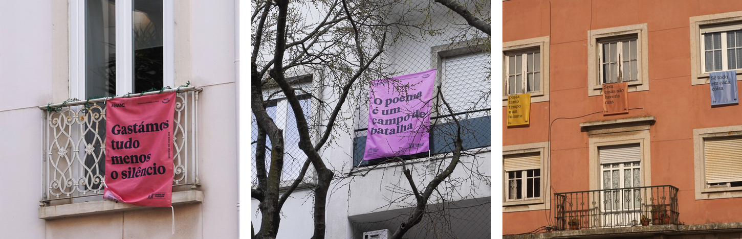 Bandeiras com vários versos de poesia penduradas em janelas em Campo de Ourique, Lisboa.