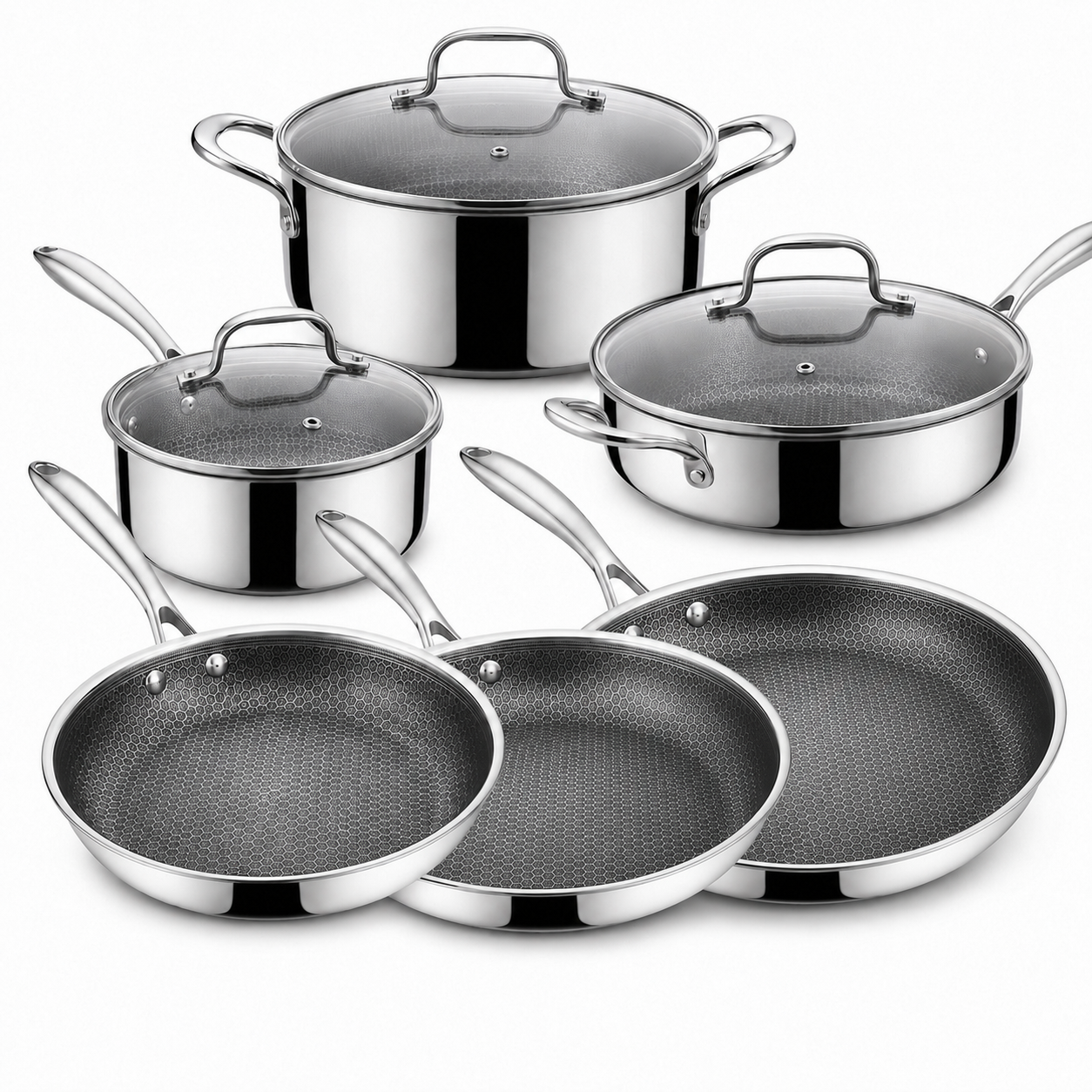 Batterie 9 pièces en inox Premium 18/10 revêtement nid d'abeilles sans PFOA
