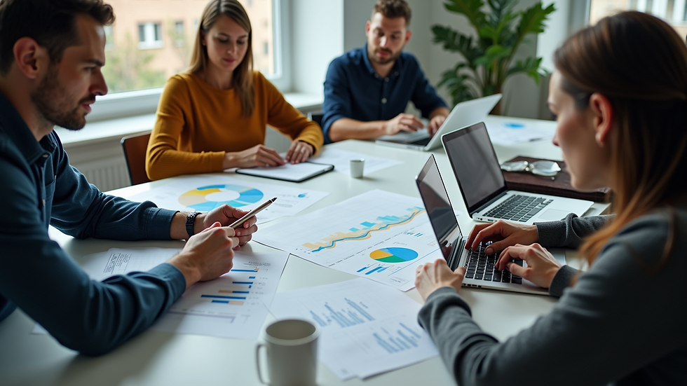 High angle view of a team collaborating around a table with charts and laptops
