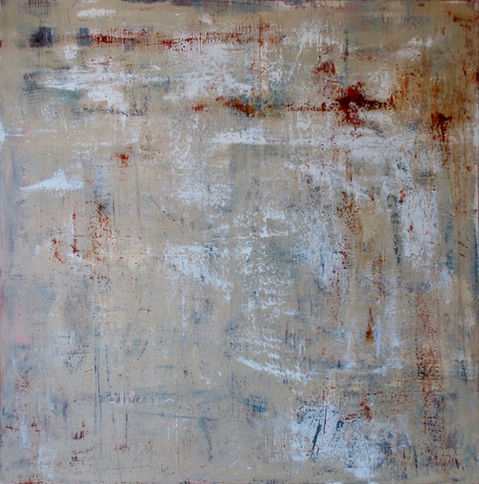 Tableau abstrait à l’acrylique avec des couleurs beige, blanc et rouge, évoquant des émotions intenses.