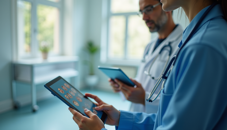 Eye-level view of a healthcare provider using a tablet to communicate with a patient through a language interpretation app