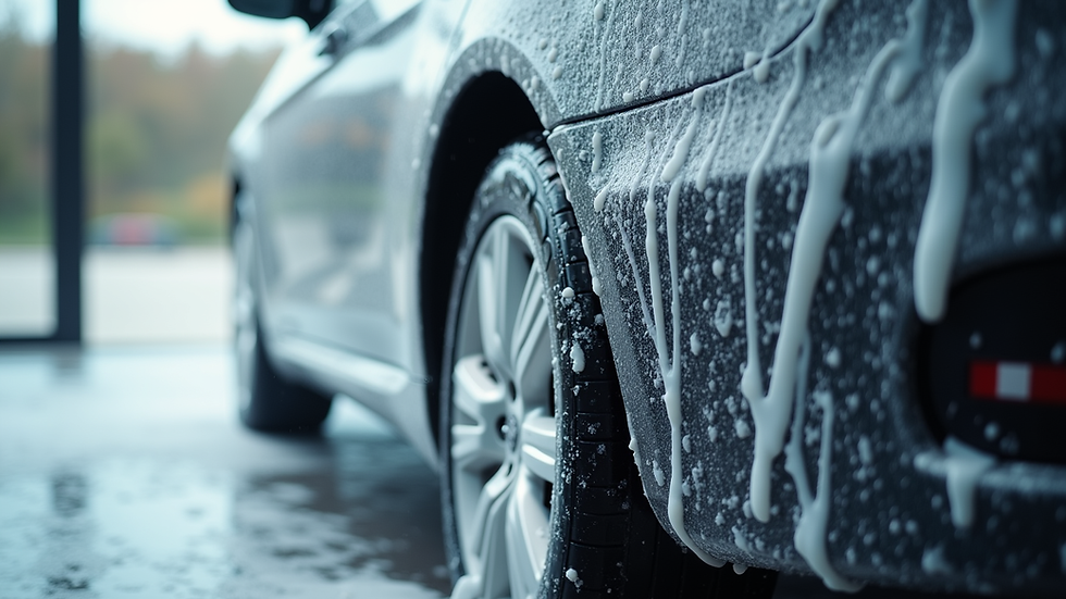 Close-up view of a car being washed with foam
