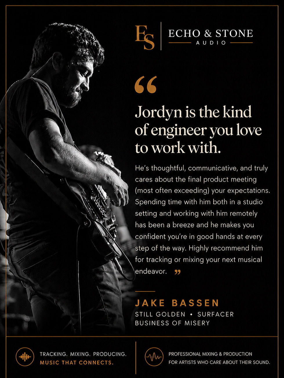 Jake Bassen Testimonial graphic featuring guitarist