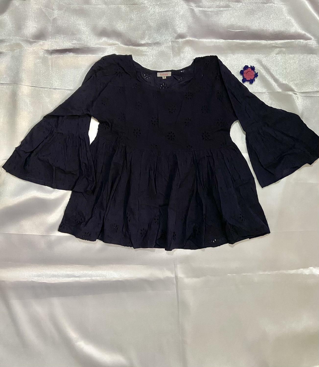Navy Blue Black Flare Sleeve Top | Size M